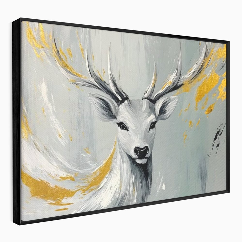 Tablou canvas cu pictura cu portret de cerb si detalii aurii, in rama de aluminiu negru